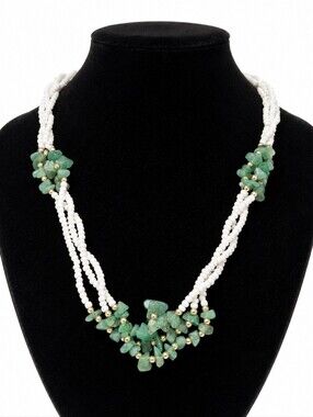 Green Stone Chip Multi Strand Beaded Necklace Boho Natural Gemstone Statement